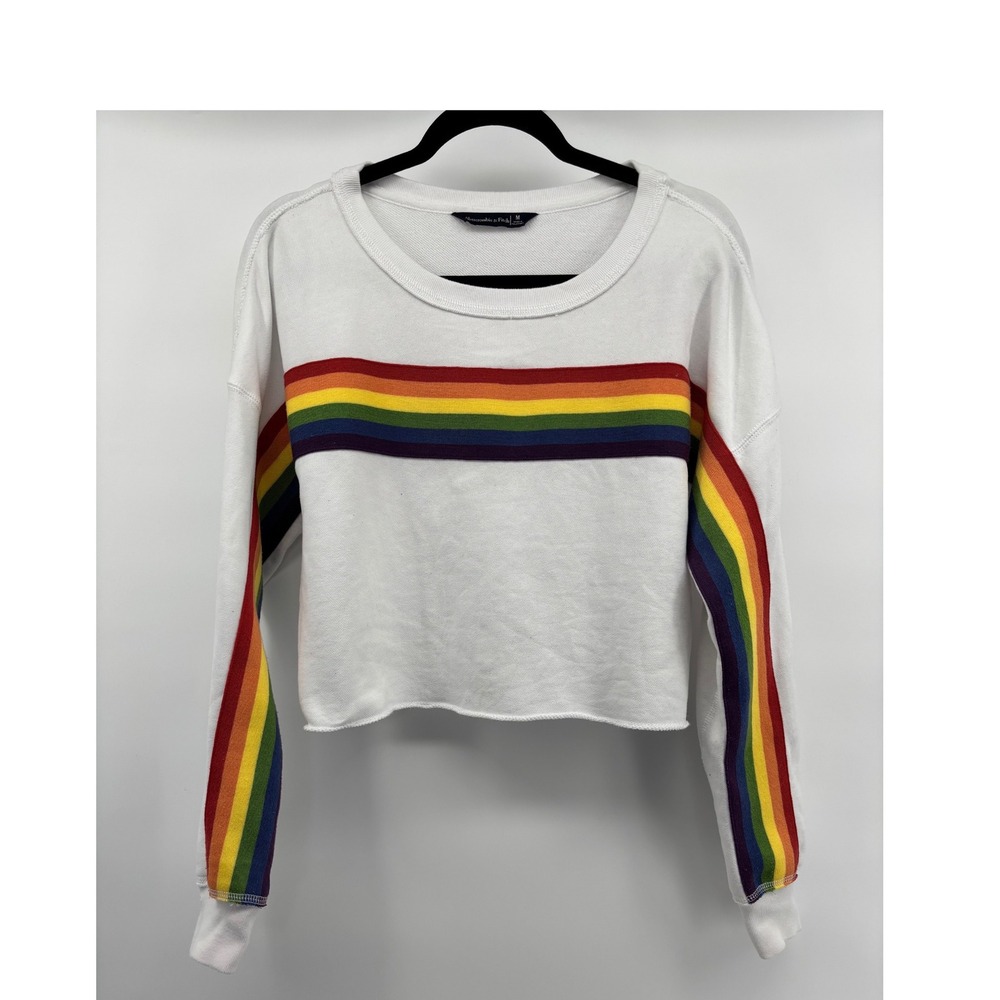 Abercrombie & Fitch White Rainbow Stripe Cropped Sweatshirt Medium